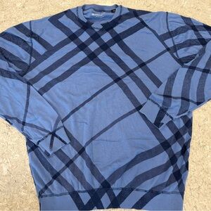 Bugatchi Navy and Light Blue Plaid Crewneck Sweater-XL